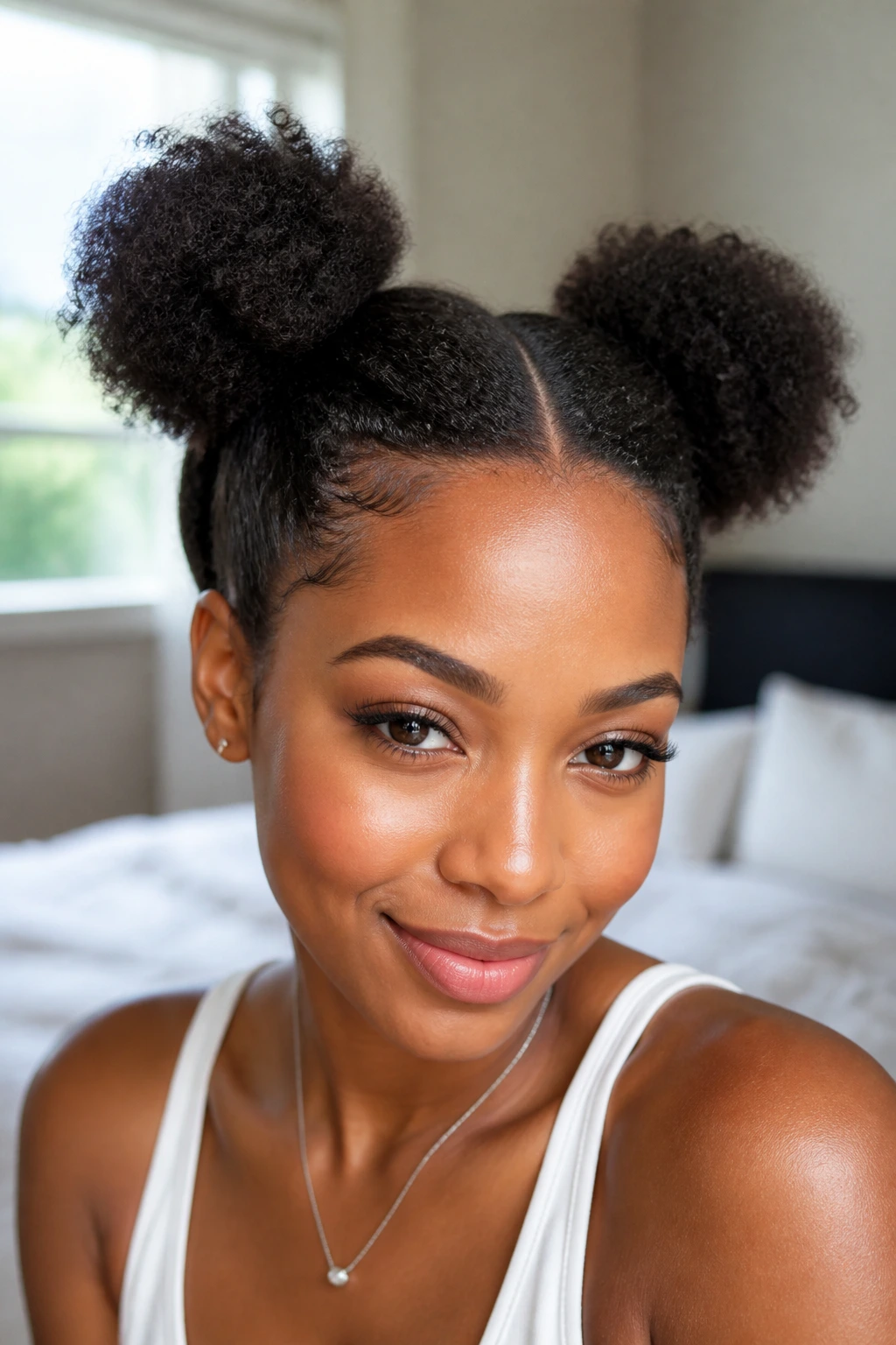 Close-up of two high space buns on a real woman's head