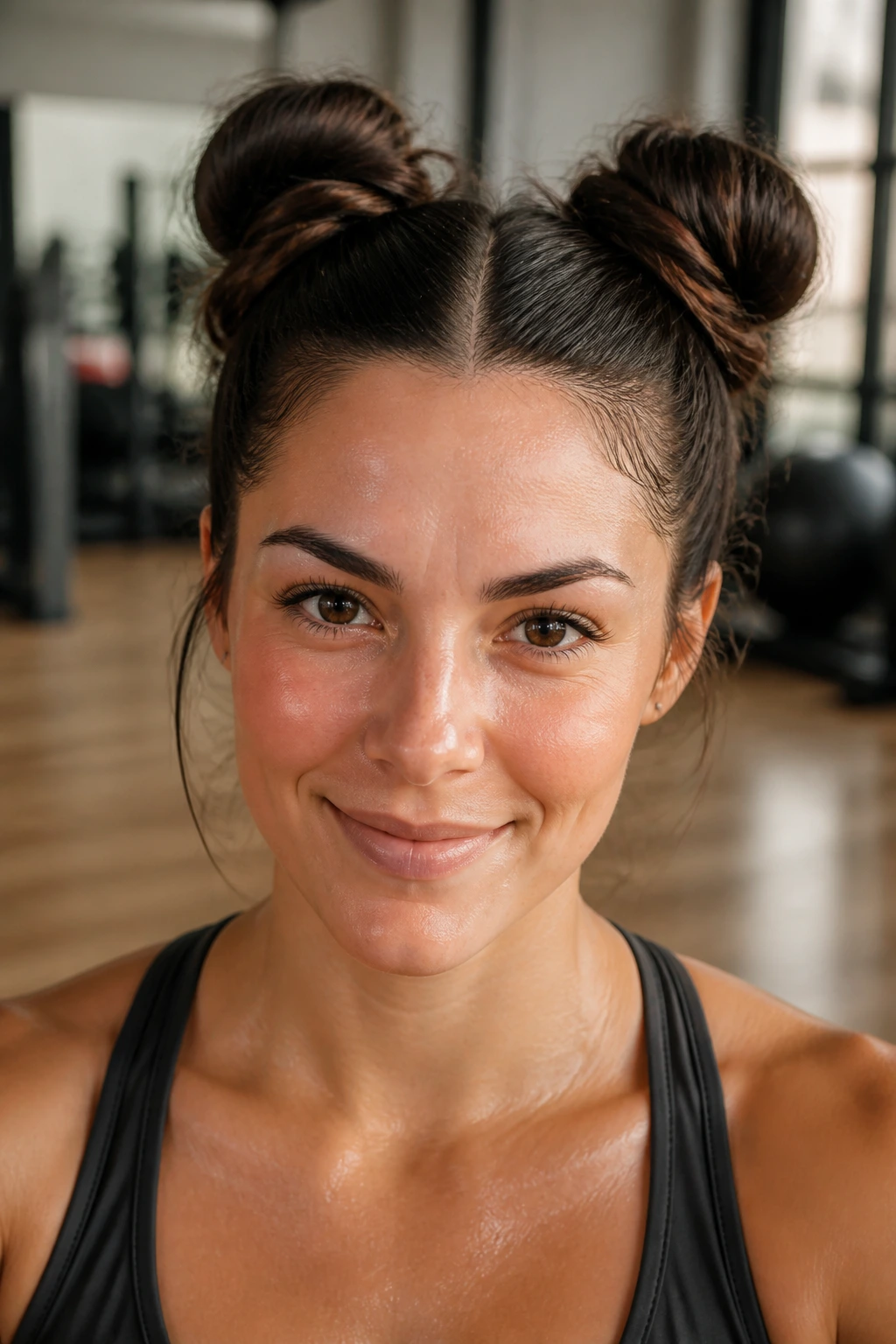 Close-up of a real woman with space buns for workouts