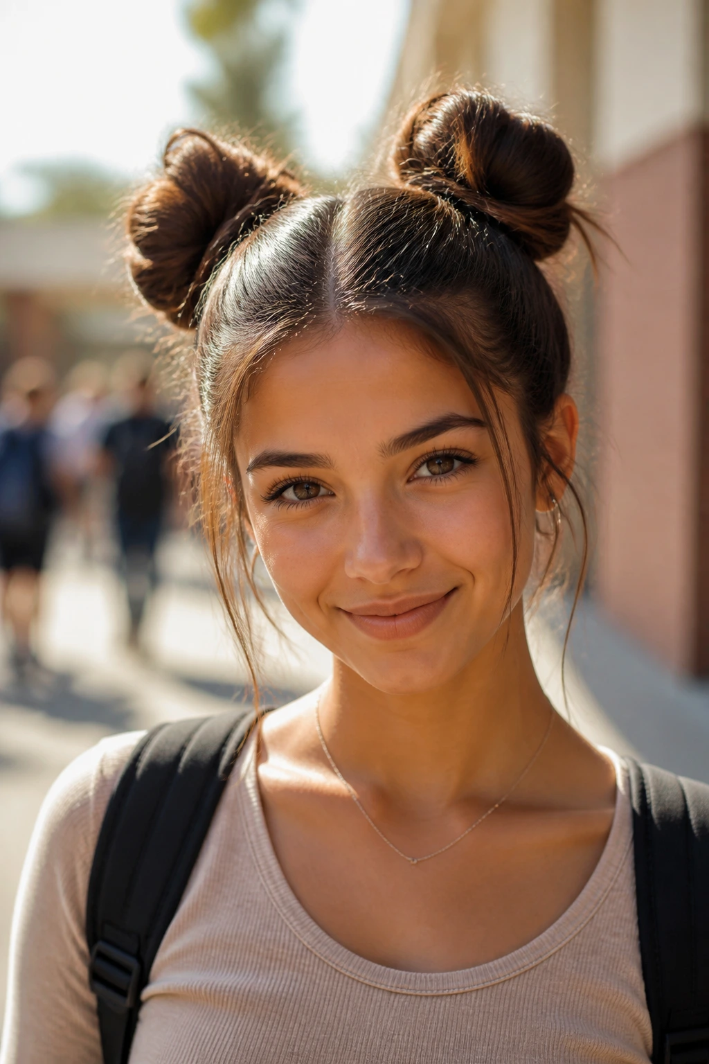 Close-up of a real person with space buns hairstyle