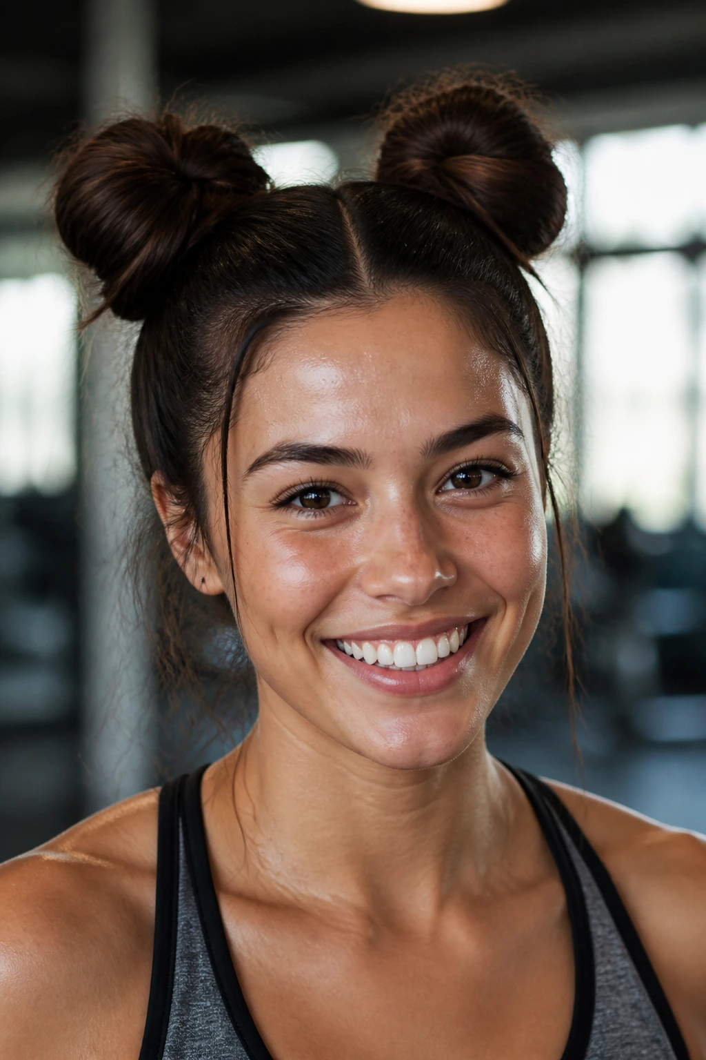 Close-up of a real person with double space buns during a workout