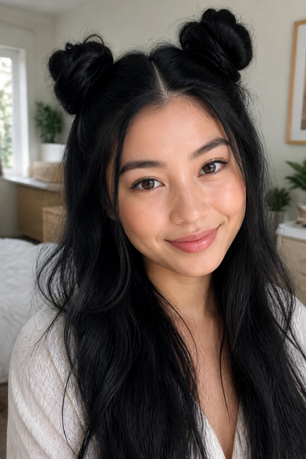 Close-up portrait of a real woman with two space buns half-up in bright window light