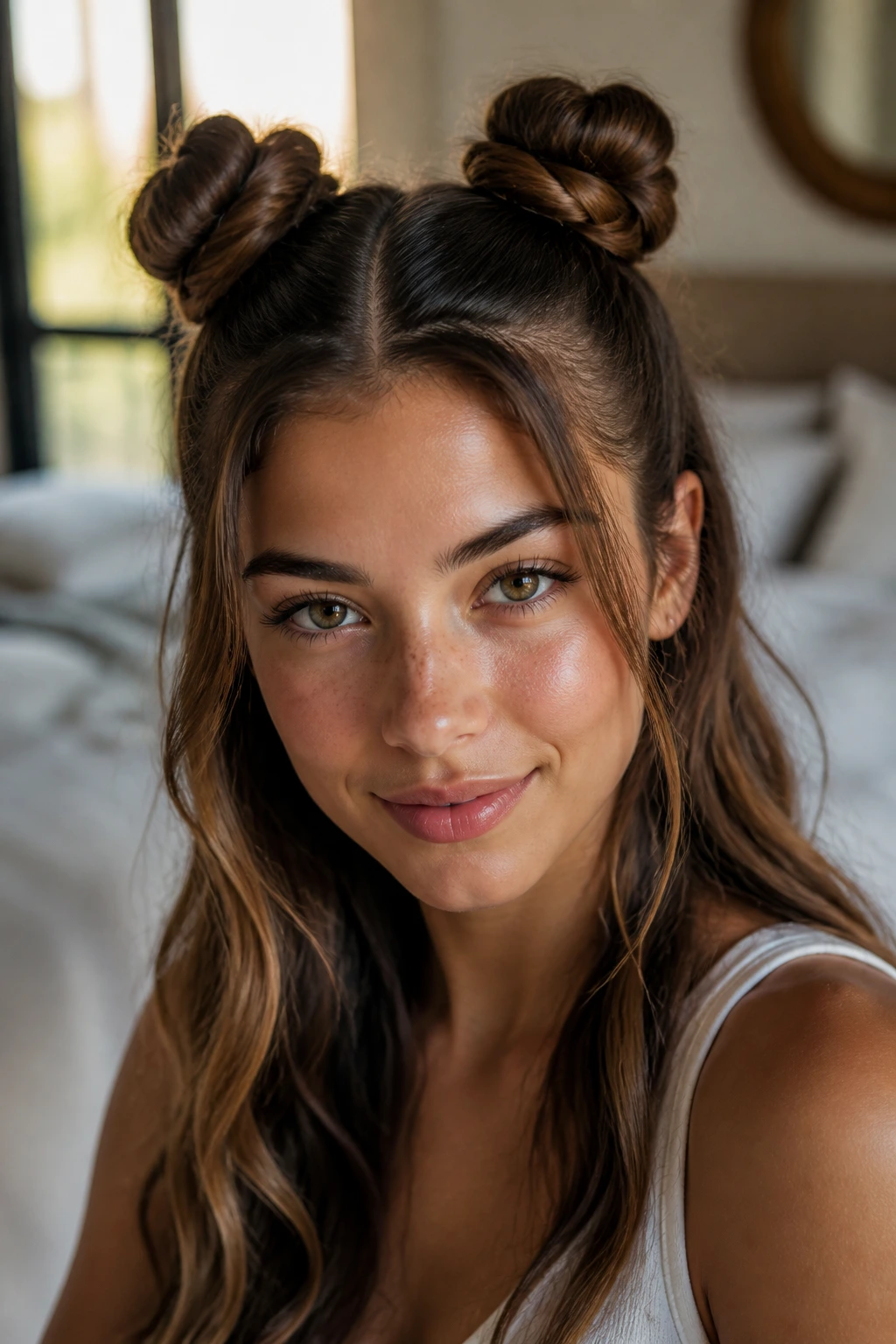 Close-up portrait of a real person with two space buns on the crown in a cozy bedroom.