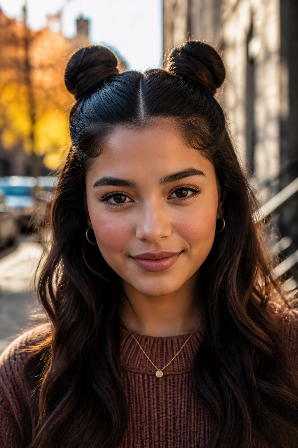 Close-up of a real woman with two small space buns on top and a middle part