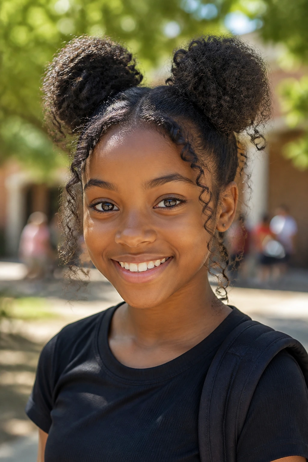 Real student with space buns and loose curls in a sunny school courtyard.