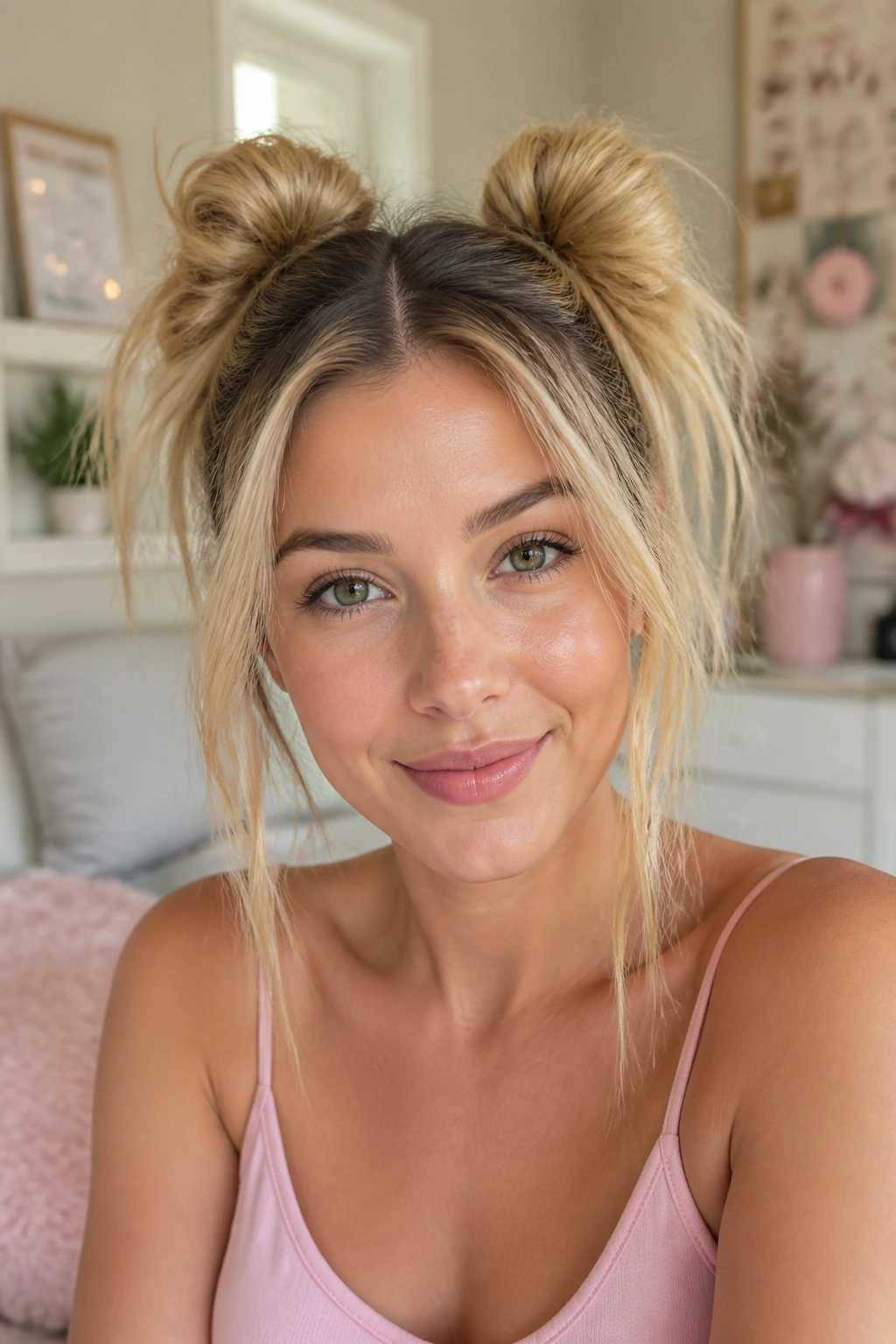Close-up of a real woman with space buns and loose ends
