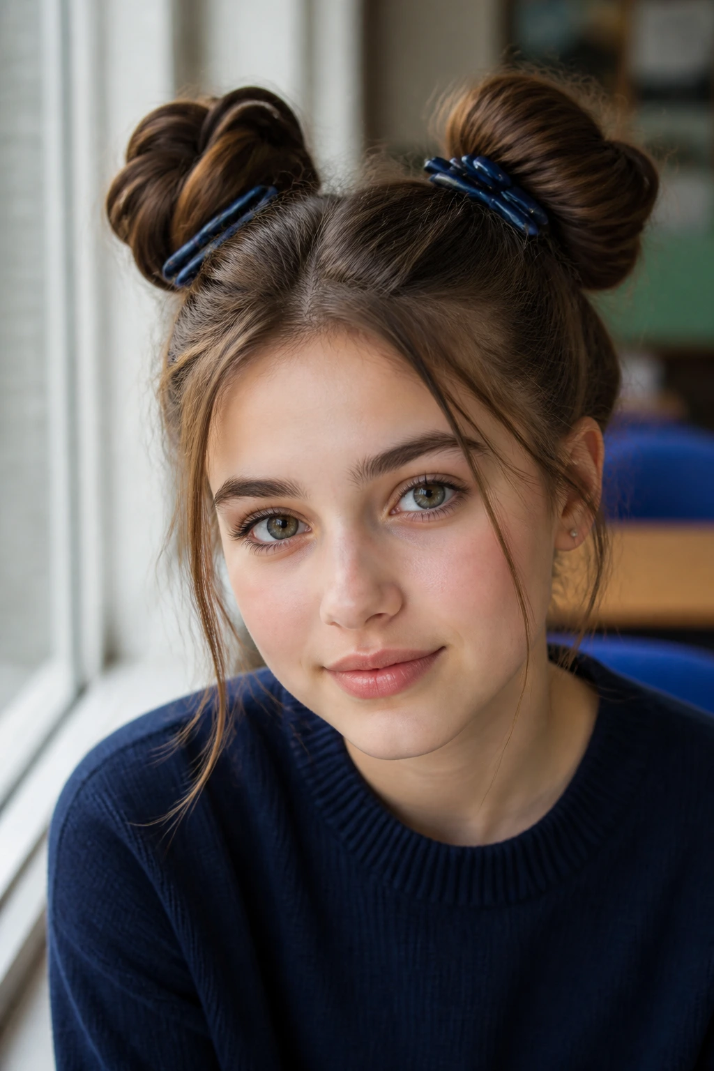 Close-up of real person with space buns and midnight blue clips