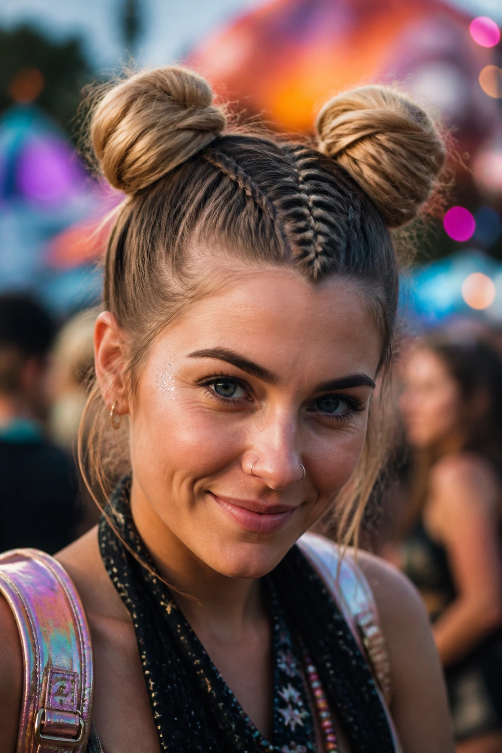 Real person with center braid and two space buns on top