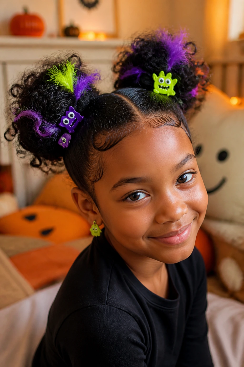 Close-up of a real child girl wearing Monster Mash Space Buns with neon clips