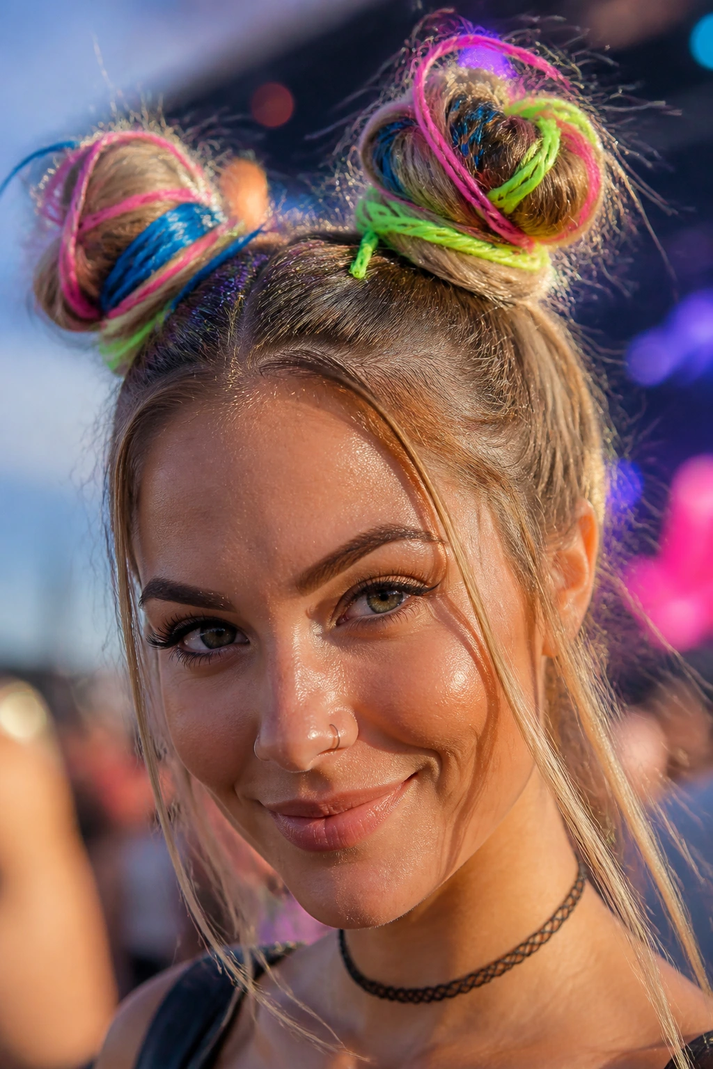 Close-up of a real person with space buns wrapped in neon yarn at a festival