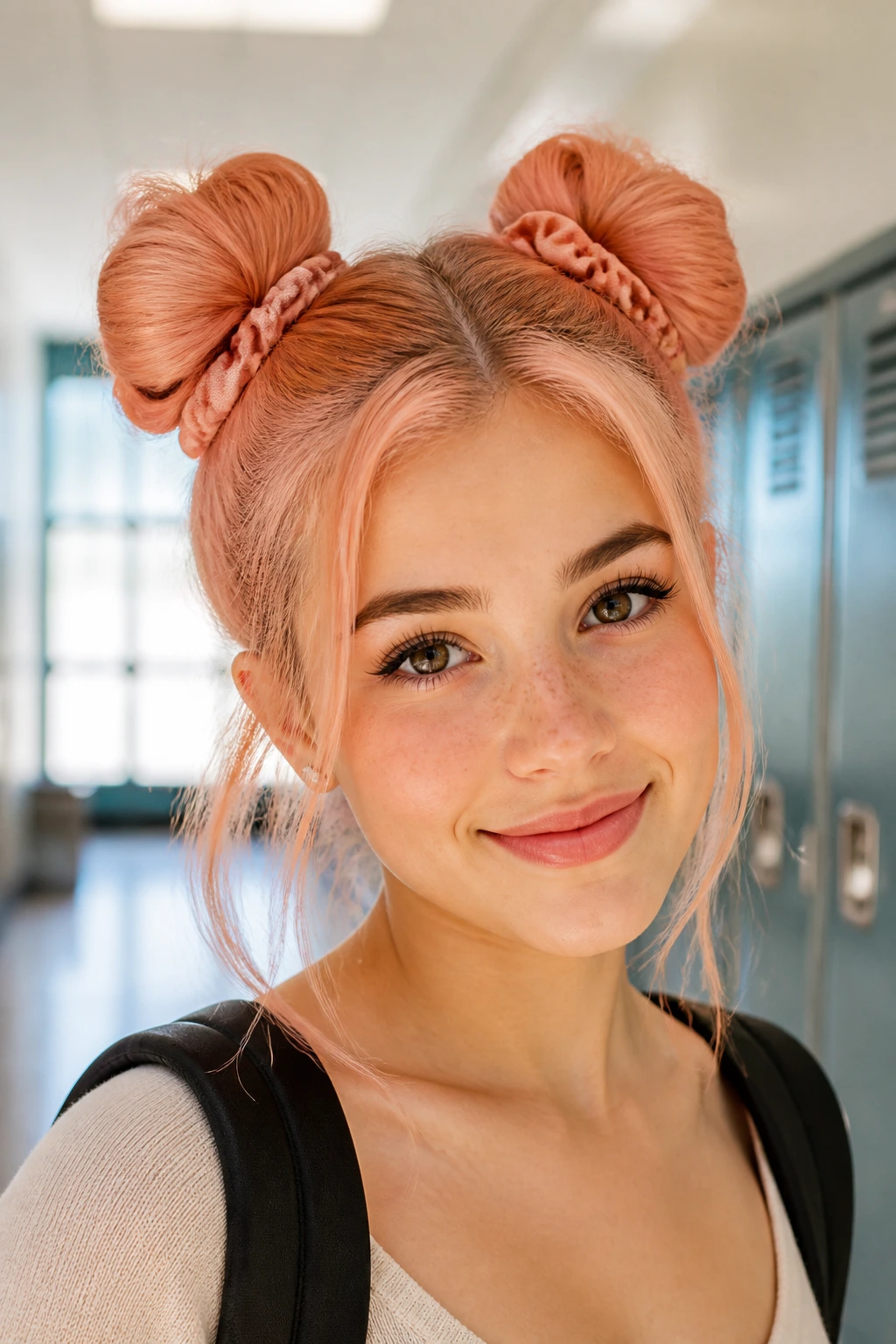 Portrait of real woman with two space buns in a bright hallway
