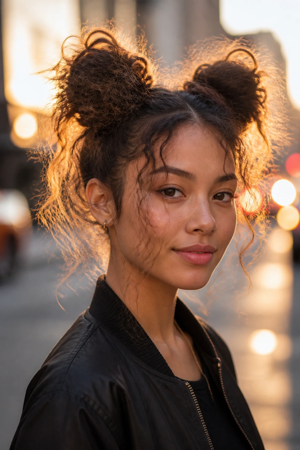 Real person with two high pigtail buns, voluminous and messy