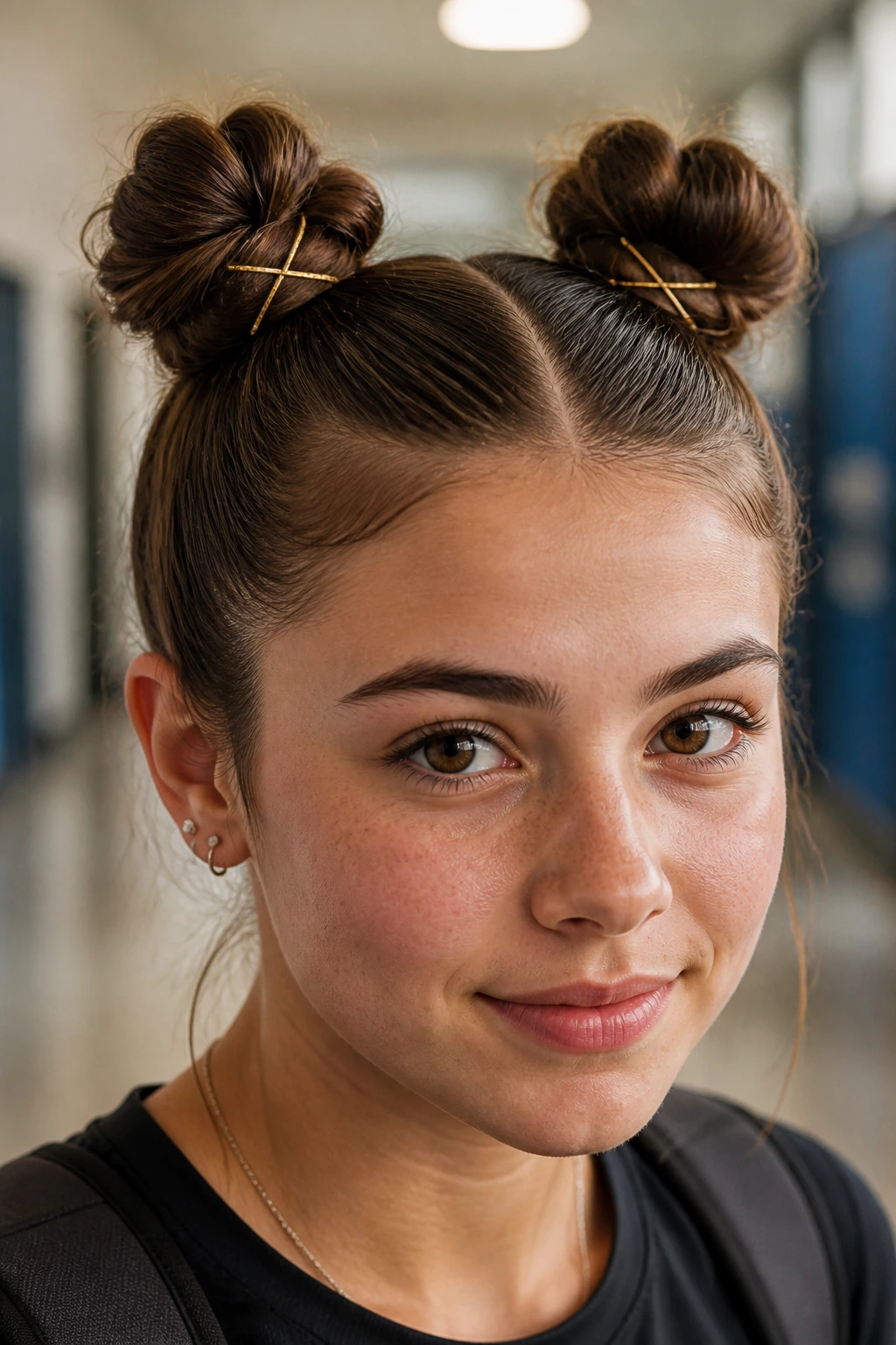 Portrait of a real student with space buns and criss-cross pins