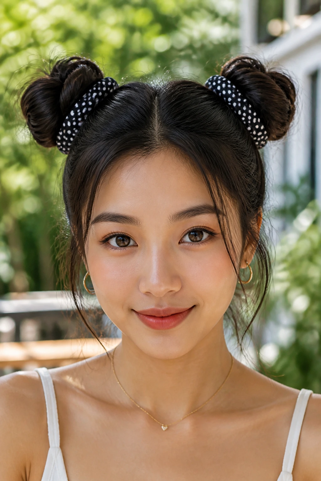 Front view of a real Asian woman with wrapped space buns and polka dot ribbons