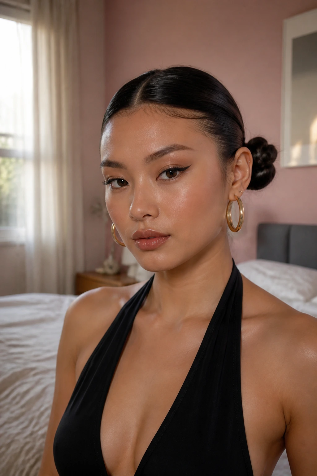 Real woman with sleek space buns and middle-parted hair
