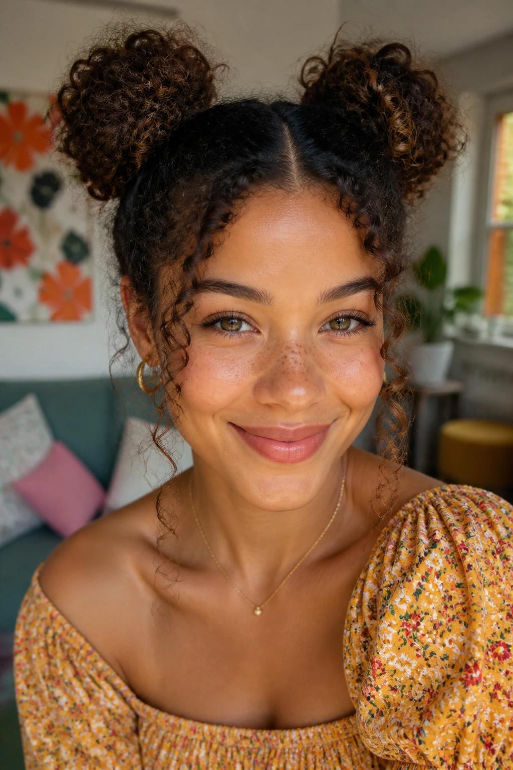 Real woman wearing two high space buns with curly texture