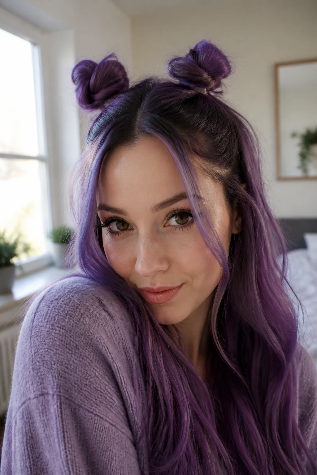 Close-up of real person with half-up space buns on purple hair