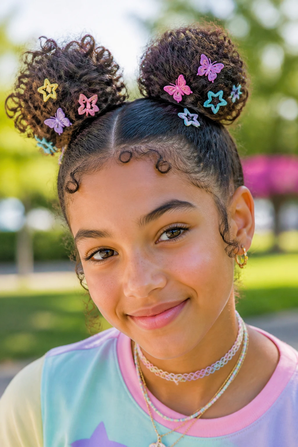 Close-up of real person with space buns and rainbow clips