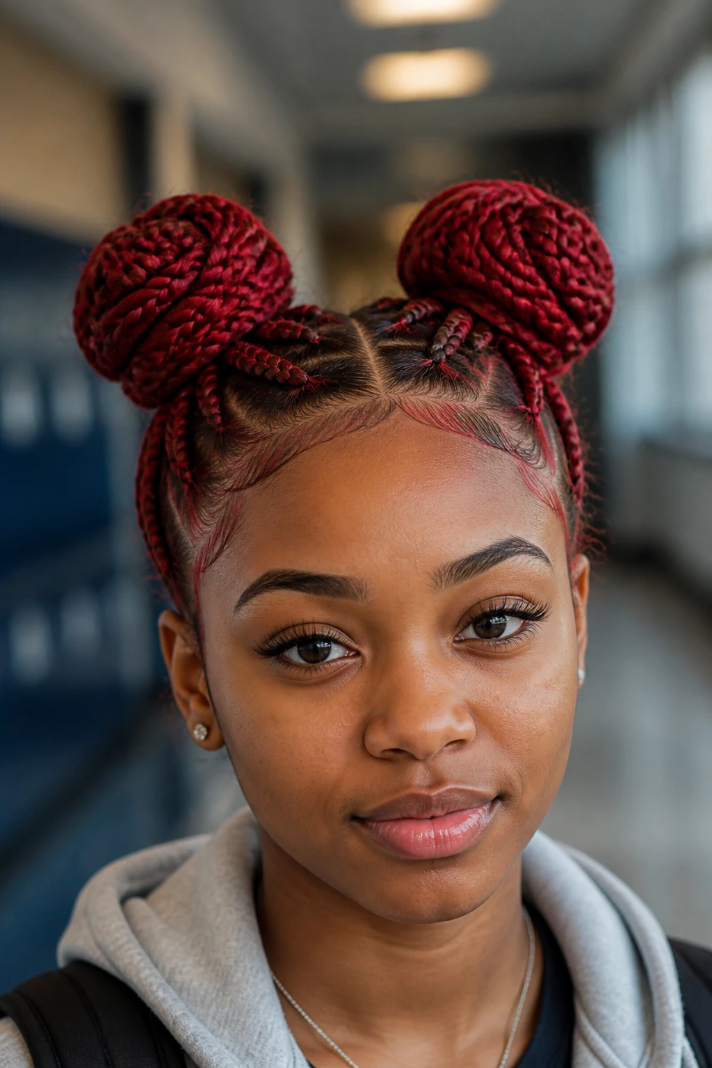 Portrait of a student with red braided space buns.