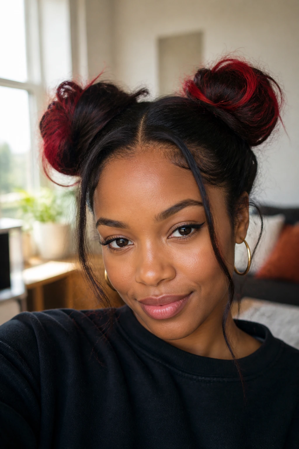 Real woman with two messy space buns and red tips in a daylight-lit living room