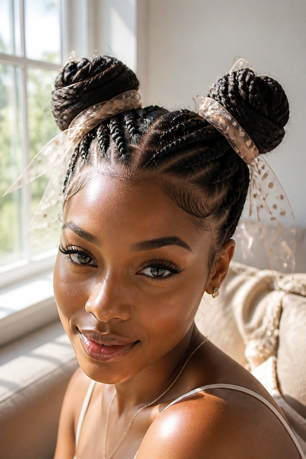 Close-up of braided space buns with sheer polka-dot ribbon on a real woman's head