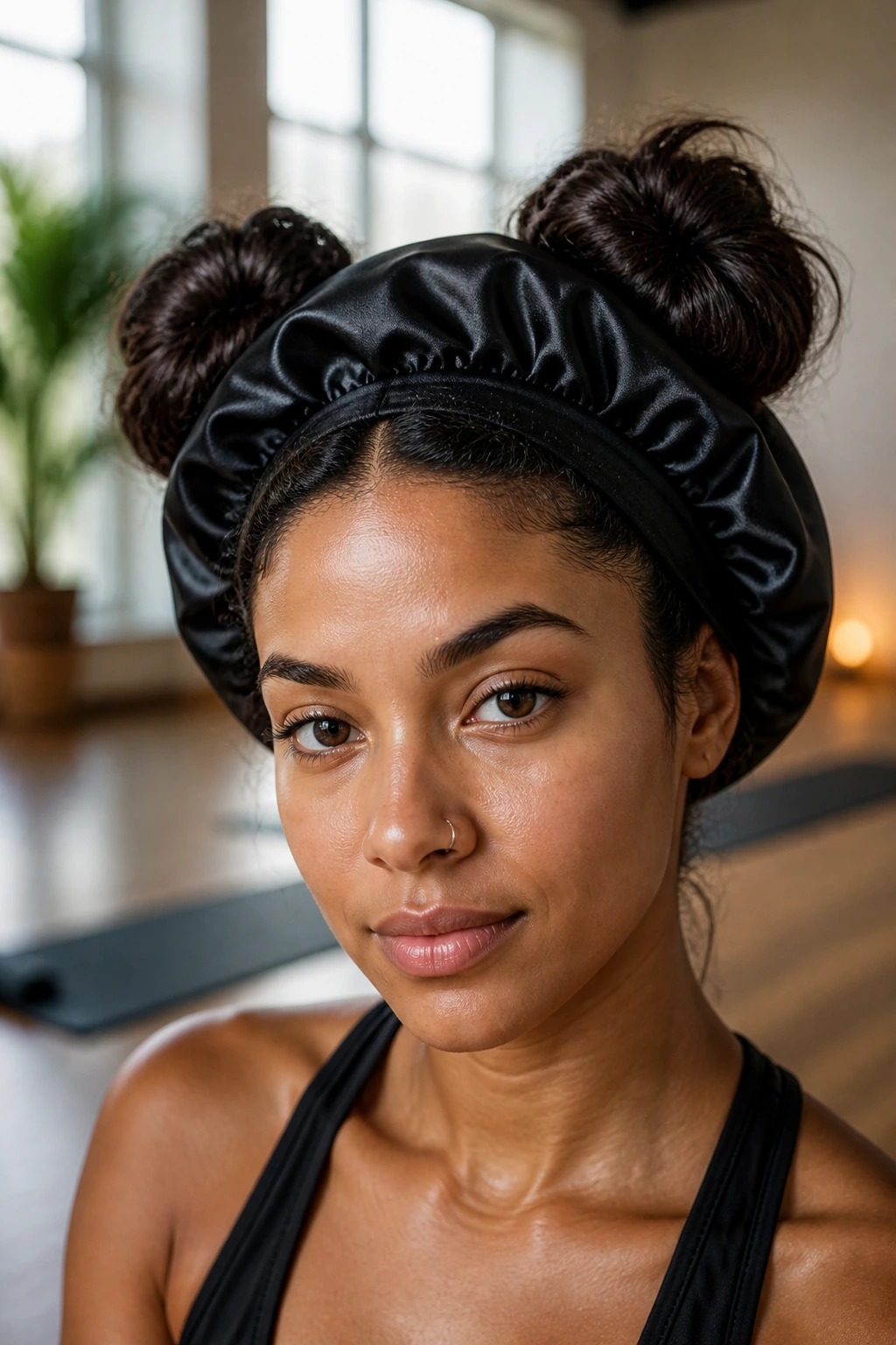 Close-up of two high space buns under a satin bonnet in a yoga studio