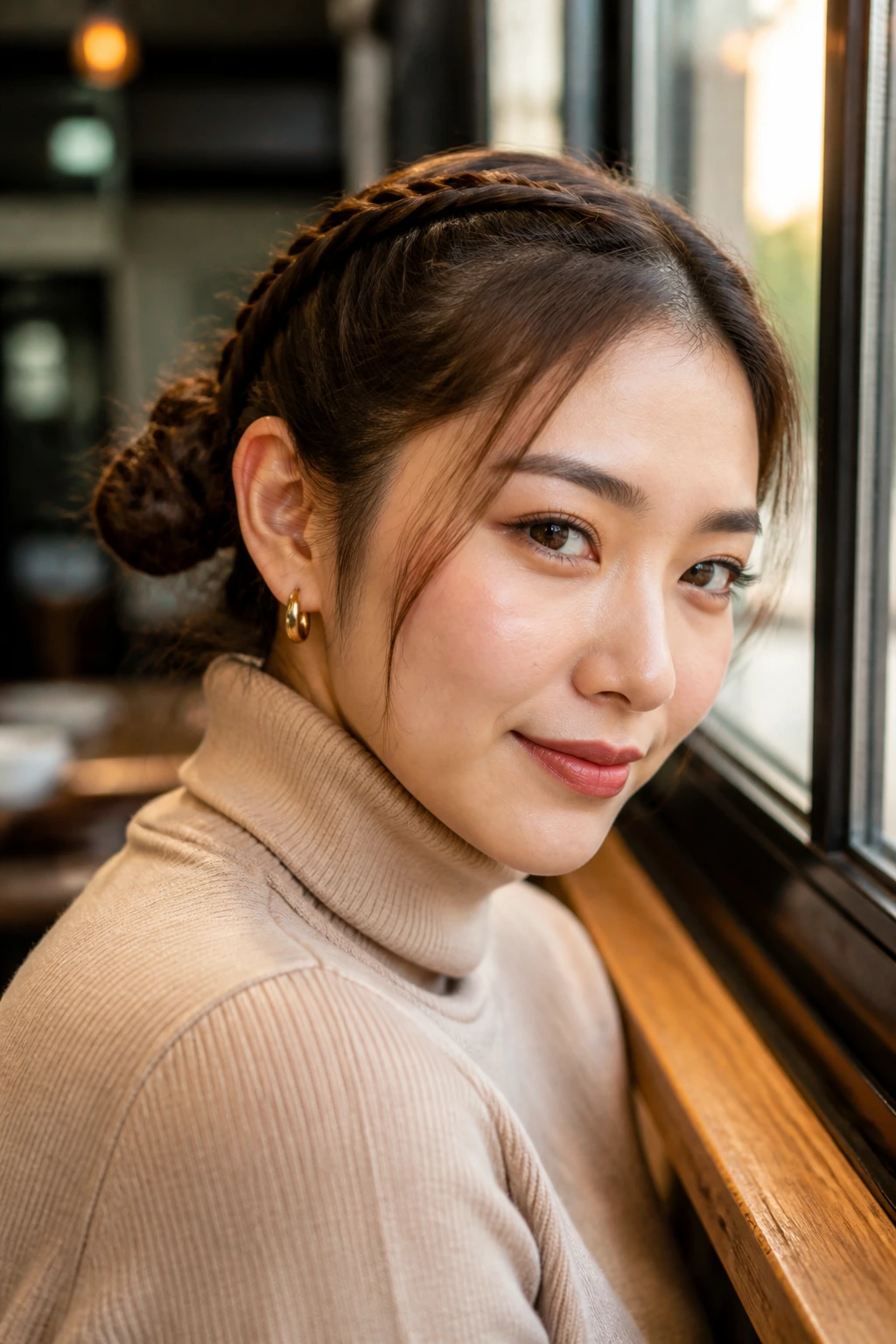 Portrait of a real person with braided space buns for short hair near a cafe window