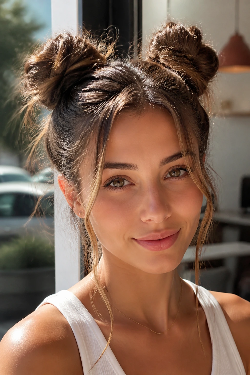 Close-up of a real woman with space buns and face-framing tendrils