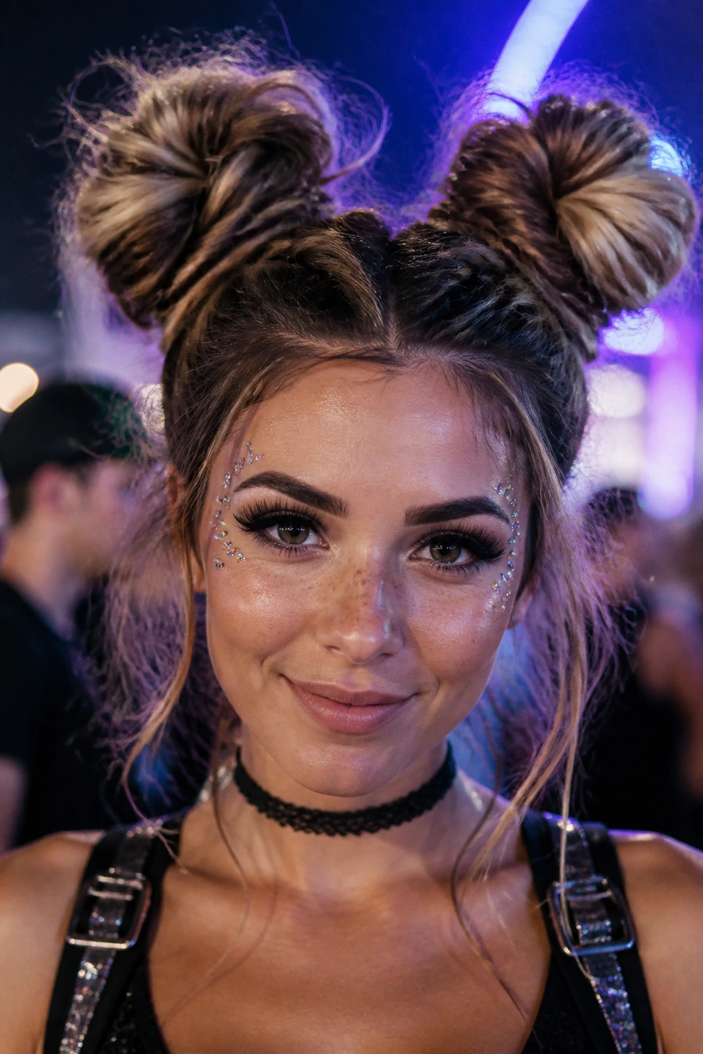 Close-up of textured high space buns on a real person, voluminous two buns with backcombed volume.