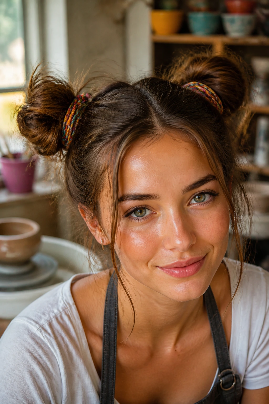Messy Space Buns with Threaded Cord close-up portrait of a real woman with two buns and colorful thread in an art-class setting