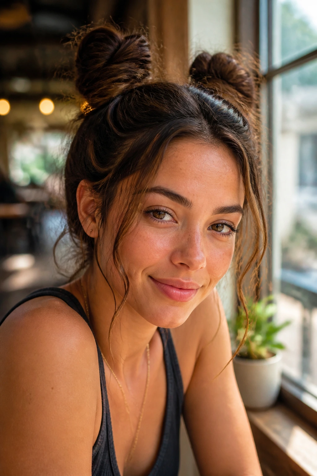Portrait of a real woman with two space buns, wisps at temples and a cheerful expression.