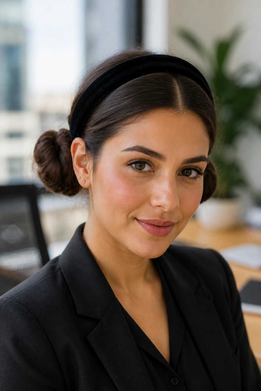 Close-up portrait of a woman with symmetrical space buns and a wide black velvet headband in an office setting