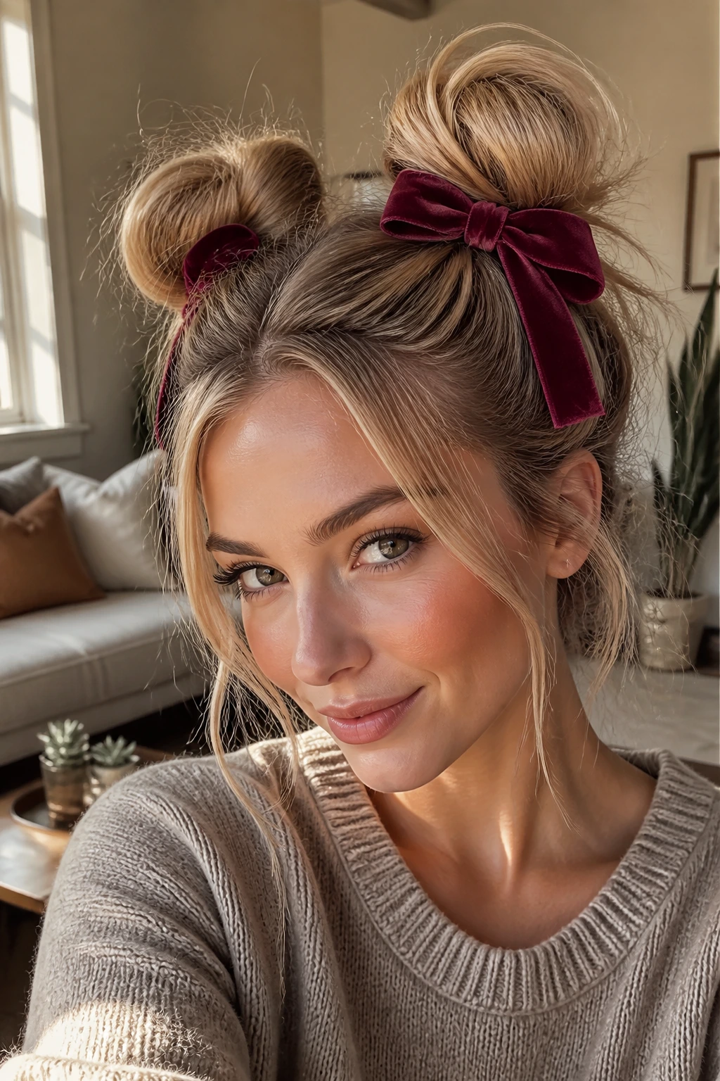 Portrait of a woman with two messy space buns wrapped in velvet ribbons.