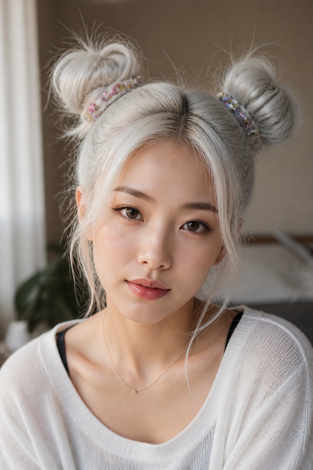 Close-up portrait of a real woman with white cloud space buns.