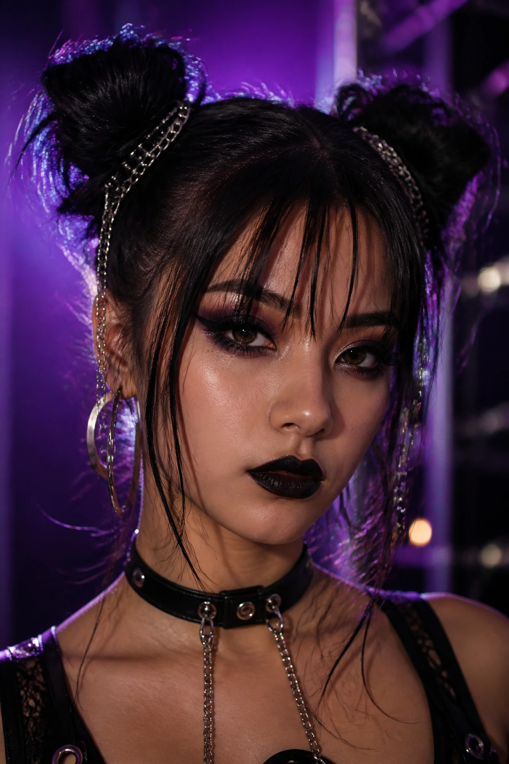 Real woman with space buns and wispy bangs in a dim backstage setting.