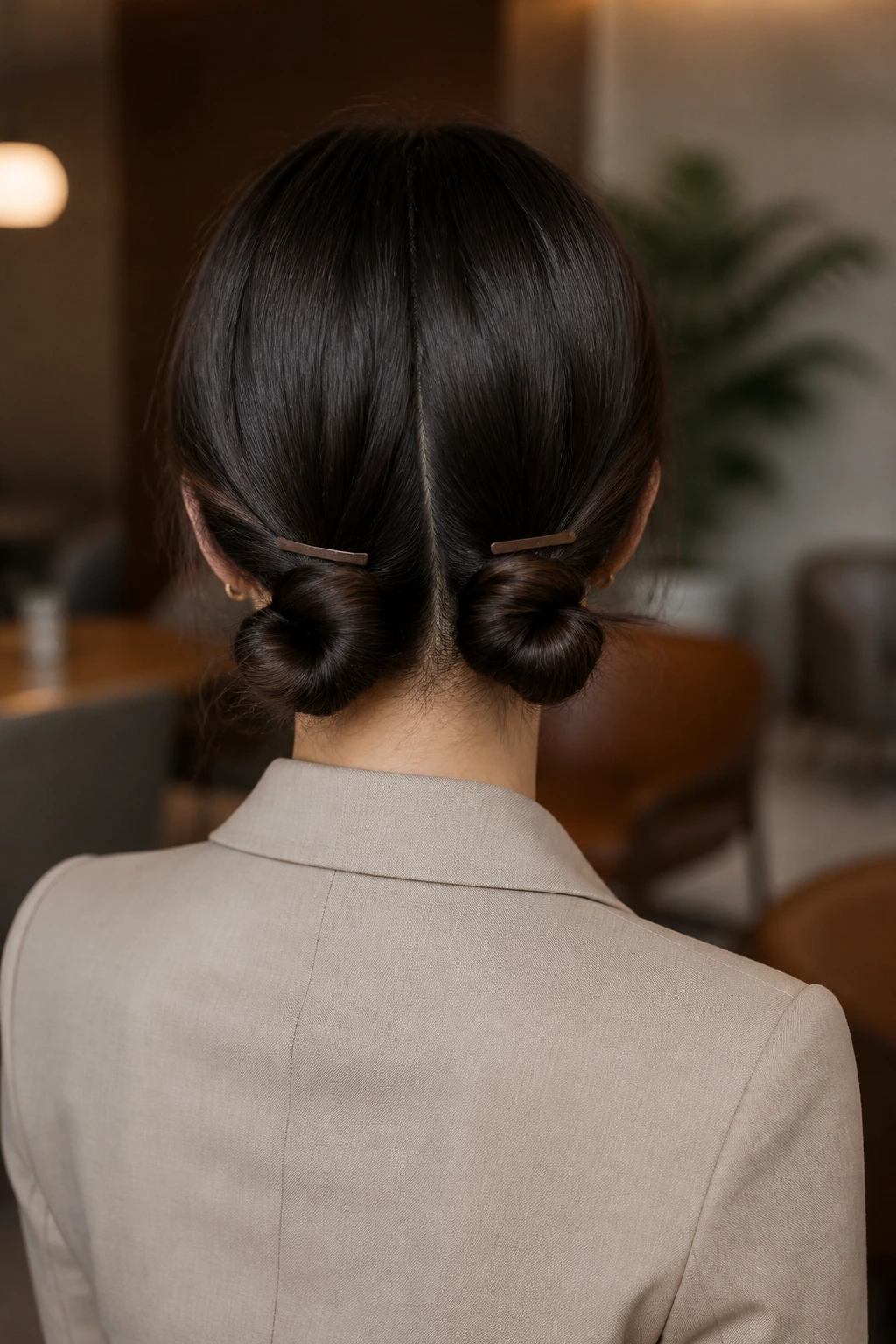 Back-of-head view of a woman with low space knots secured by matte pins in a sunny office lounge