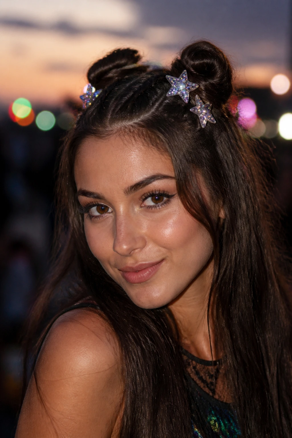 Woman with side-pinned space pigtails and decorative clips