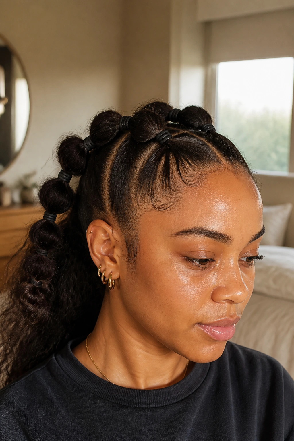 Close-up of a real person with spaced elastic ponytails along the crown