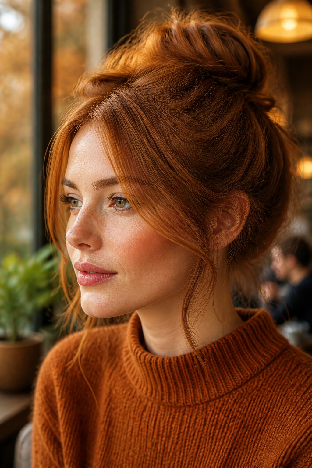 Close-up portrait of a real woman with Spiced Cider Copper hair in warm cafe lighting.