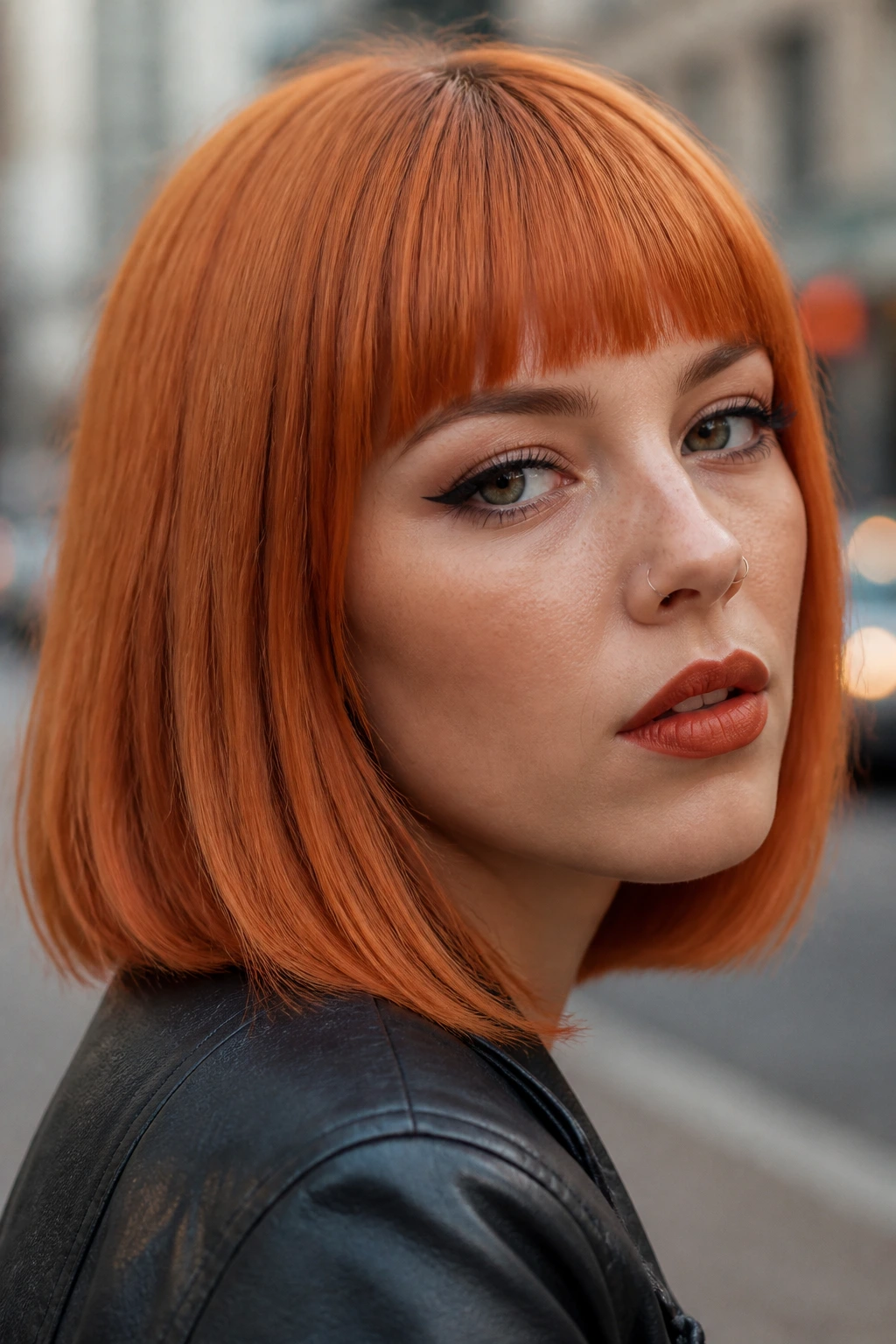 Close-up of a real person with spiced pumpkin matte hair in blunt cut