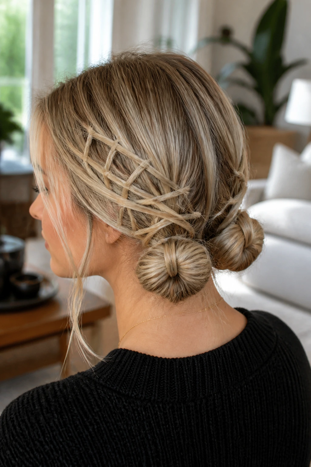 Two small messy buns at the nape with spiderweb detailing on a real person