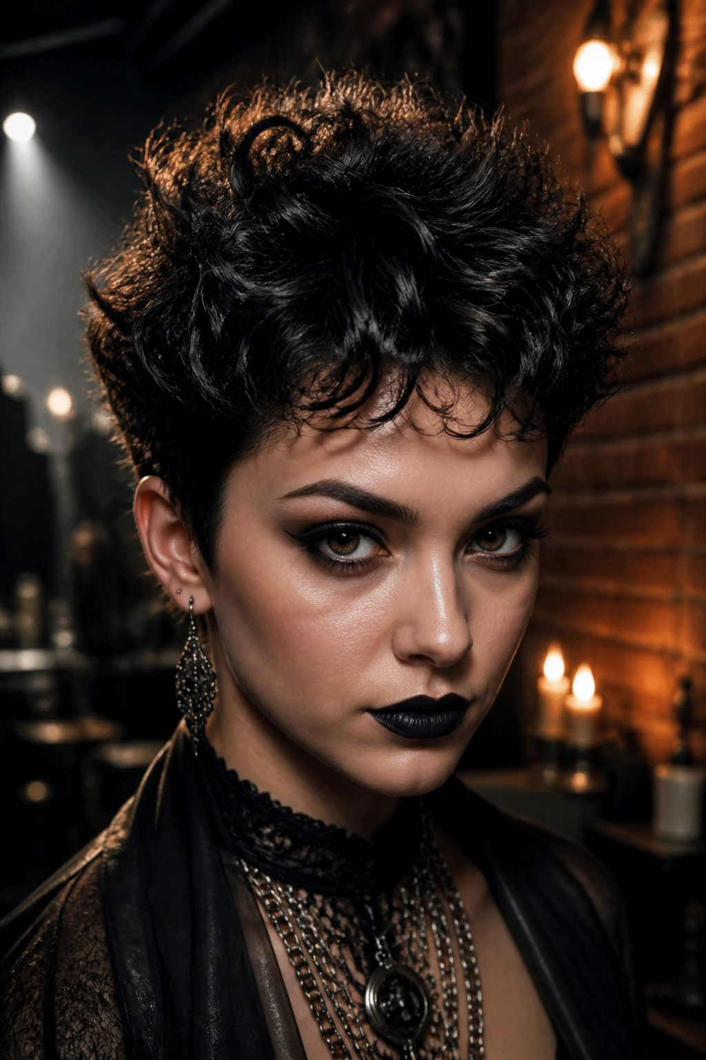 Close-up portrait of a real person with a spiked crown hairstyle in moody backstage lighting