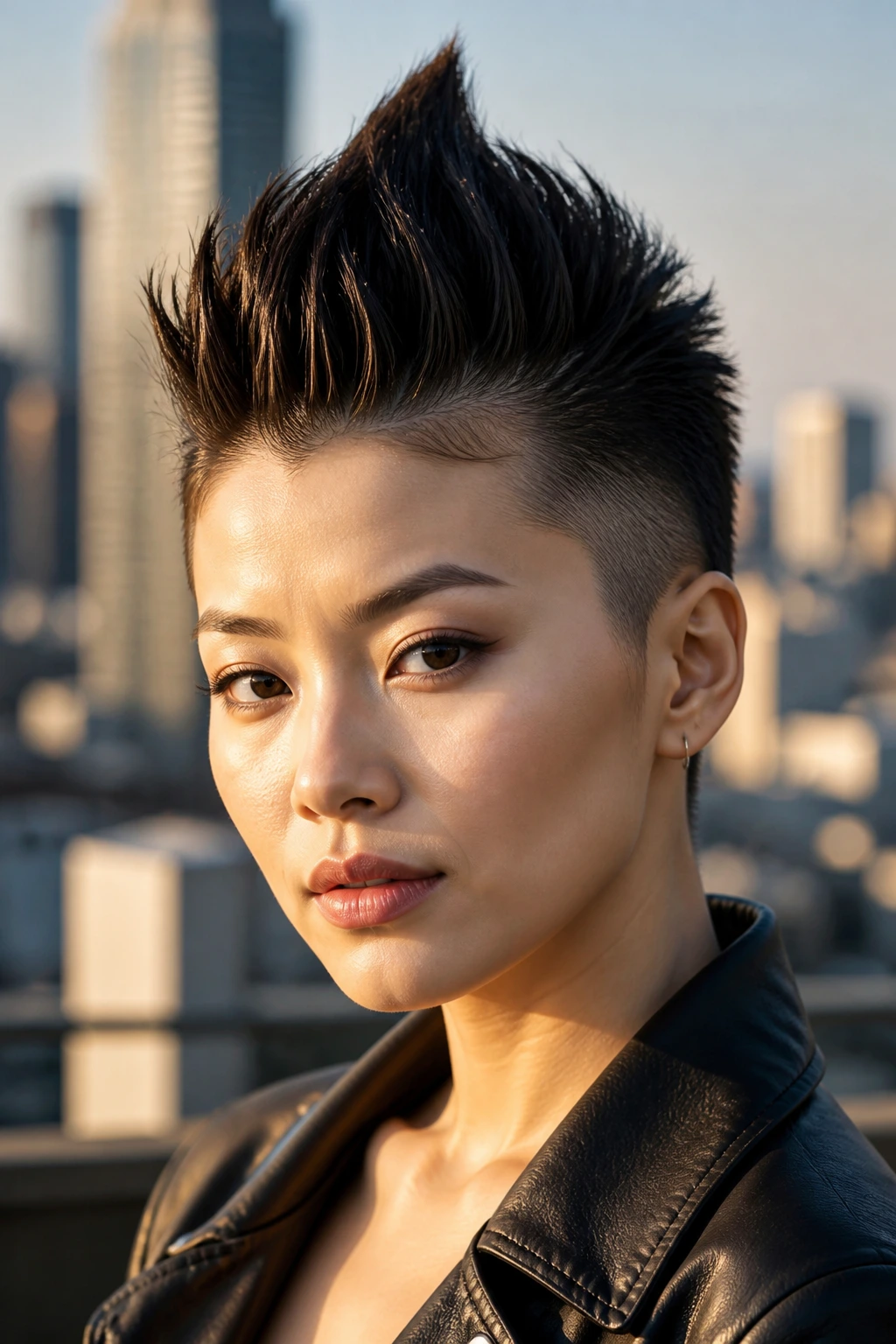 Close-up portrait of a real Asian woman with a spiked-up faux hawk hairstyle