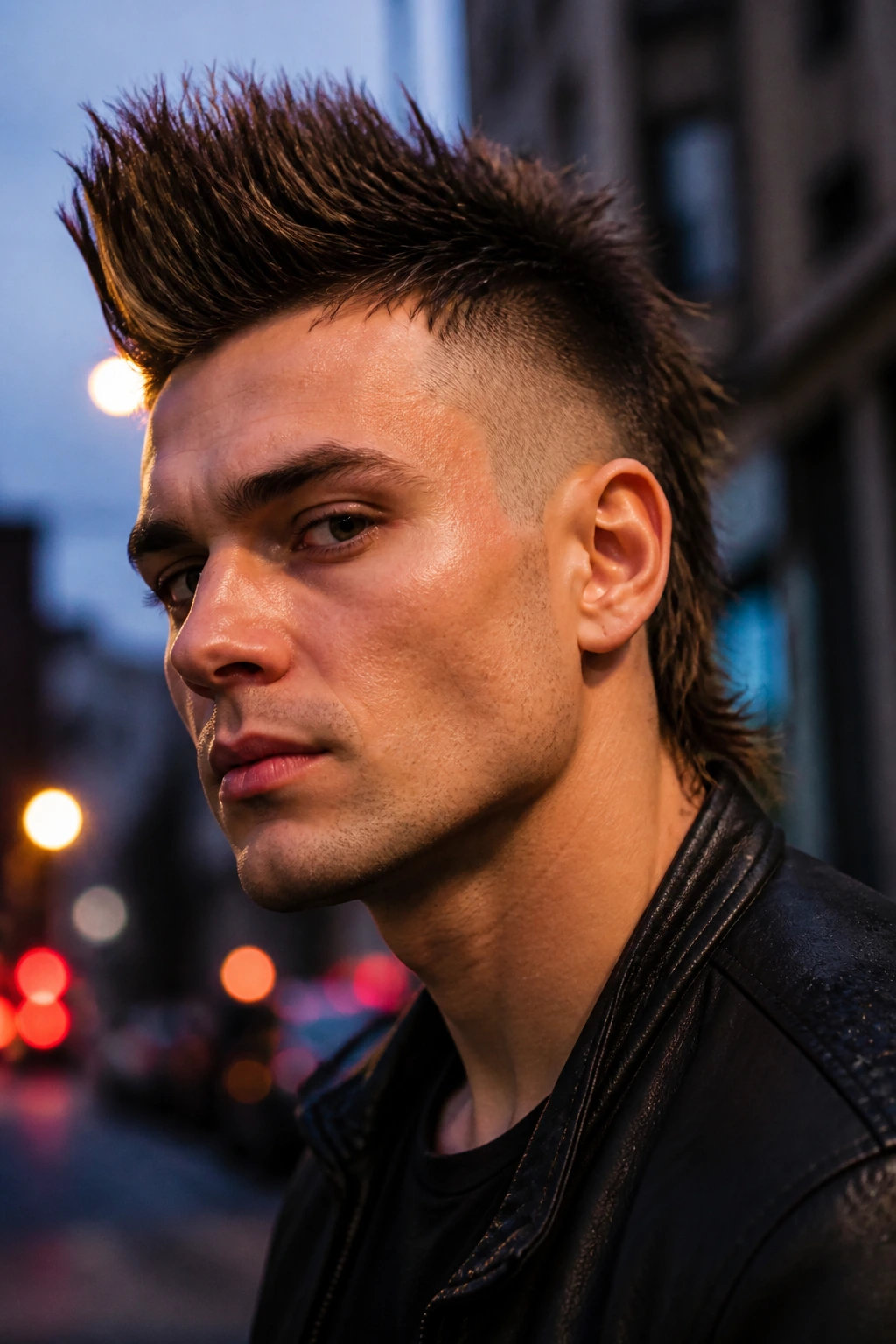 Close-up portrait of a real person with a spiked front, soft back mohawk