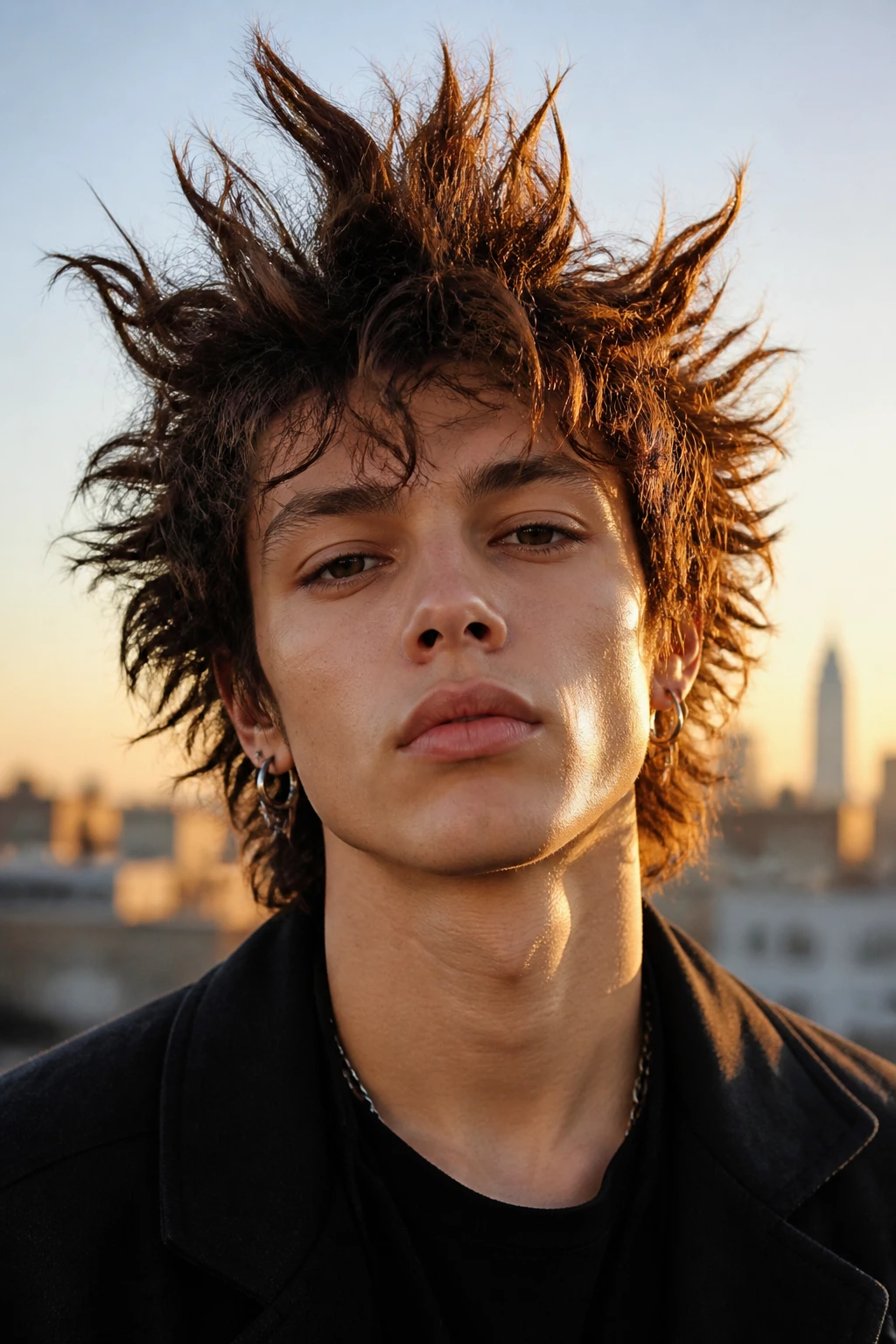 Close-up of a real person with a spiked-up curly crown hairstyle, bold texture