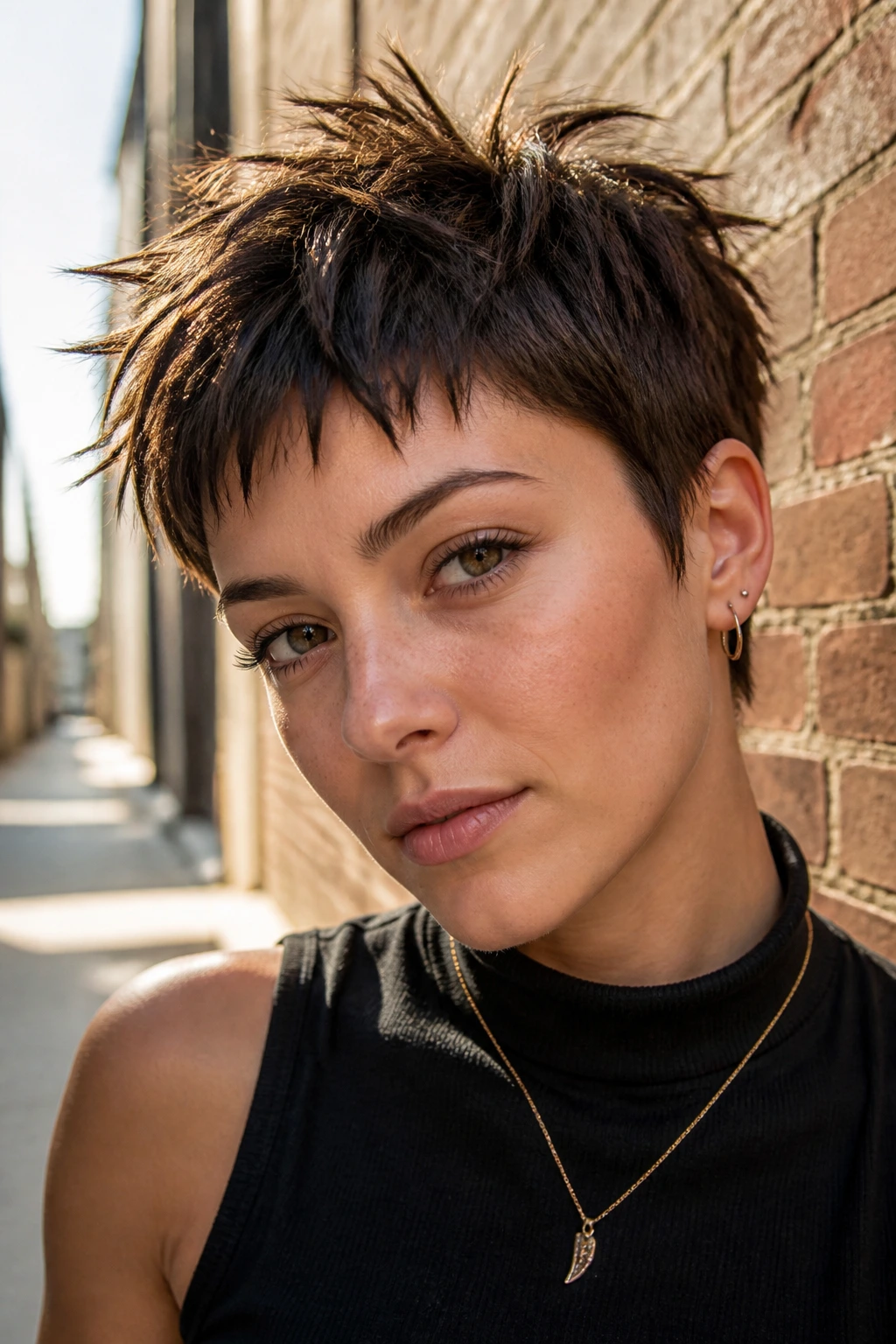 Close-up of spiky choppy bangs on a tapered pixie with urban backdrop
