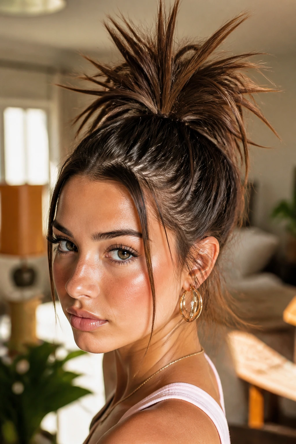 Close-up of a real woman with a high ponytail and spiky ends in a sunlit room