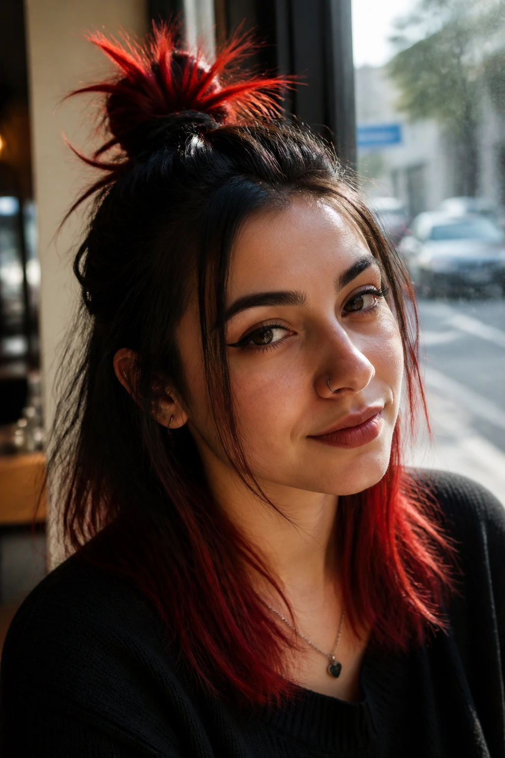 Close-up portrait of a real woman with a half-up spiky bun and red-tipped ends.