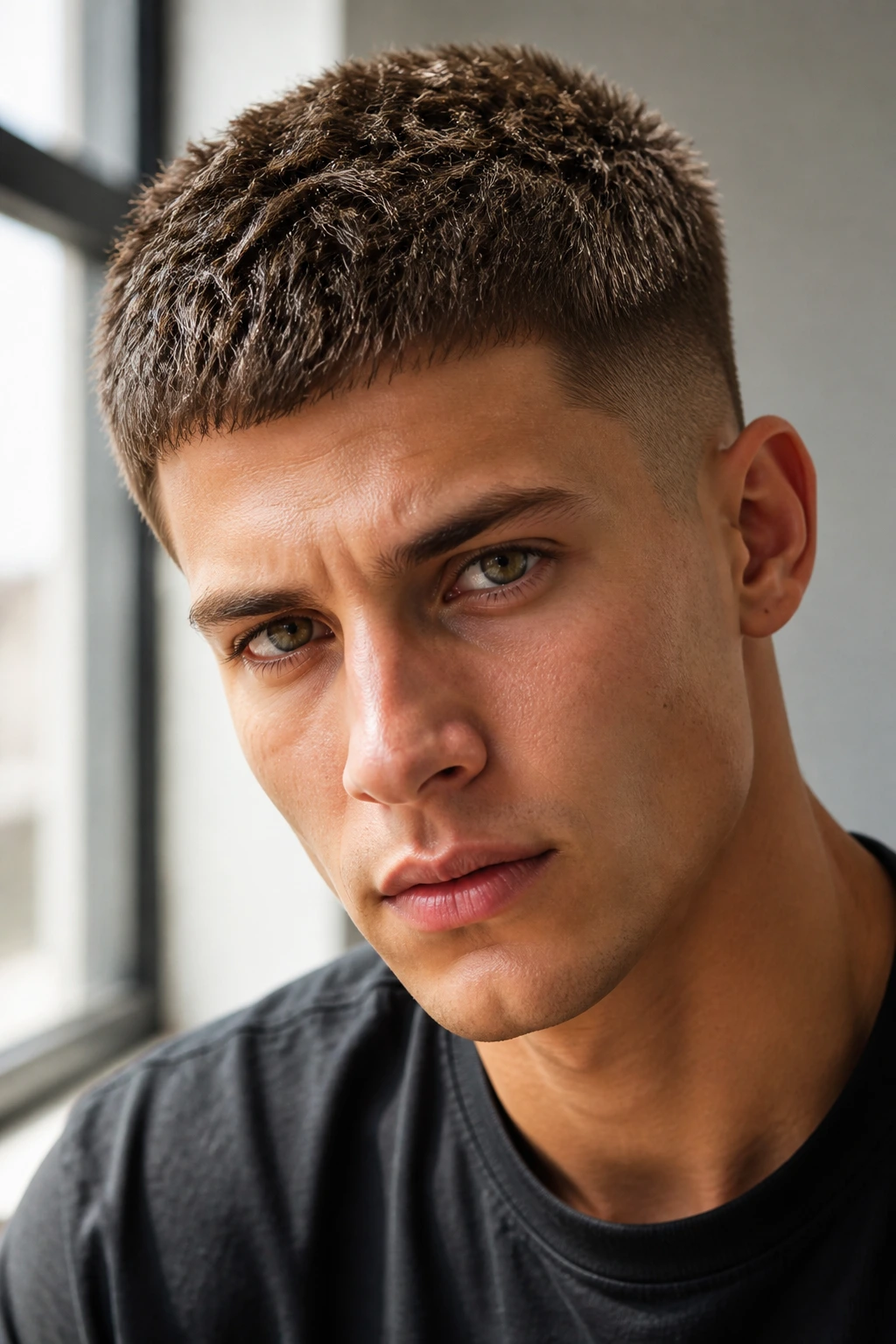 Close-up of The Spiky Caesar hairstyle on a real person