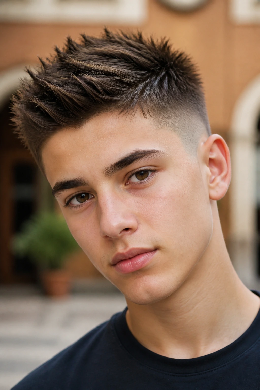 Teenage boy with a spiky crew cut in an outdoor courtyard