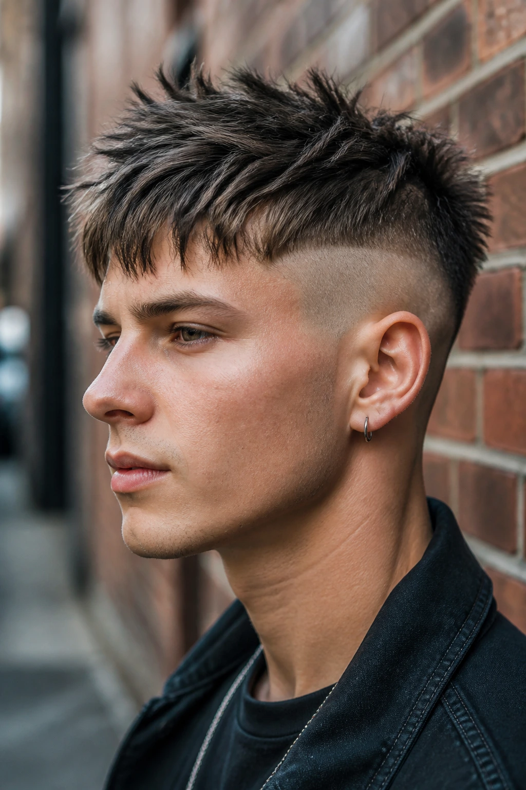 Close-up portrait of a person with a choppy spiky top and disconnected shaved sides.